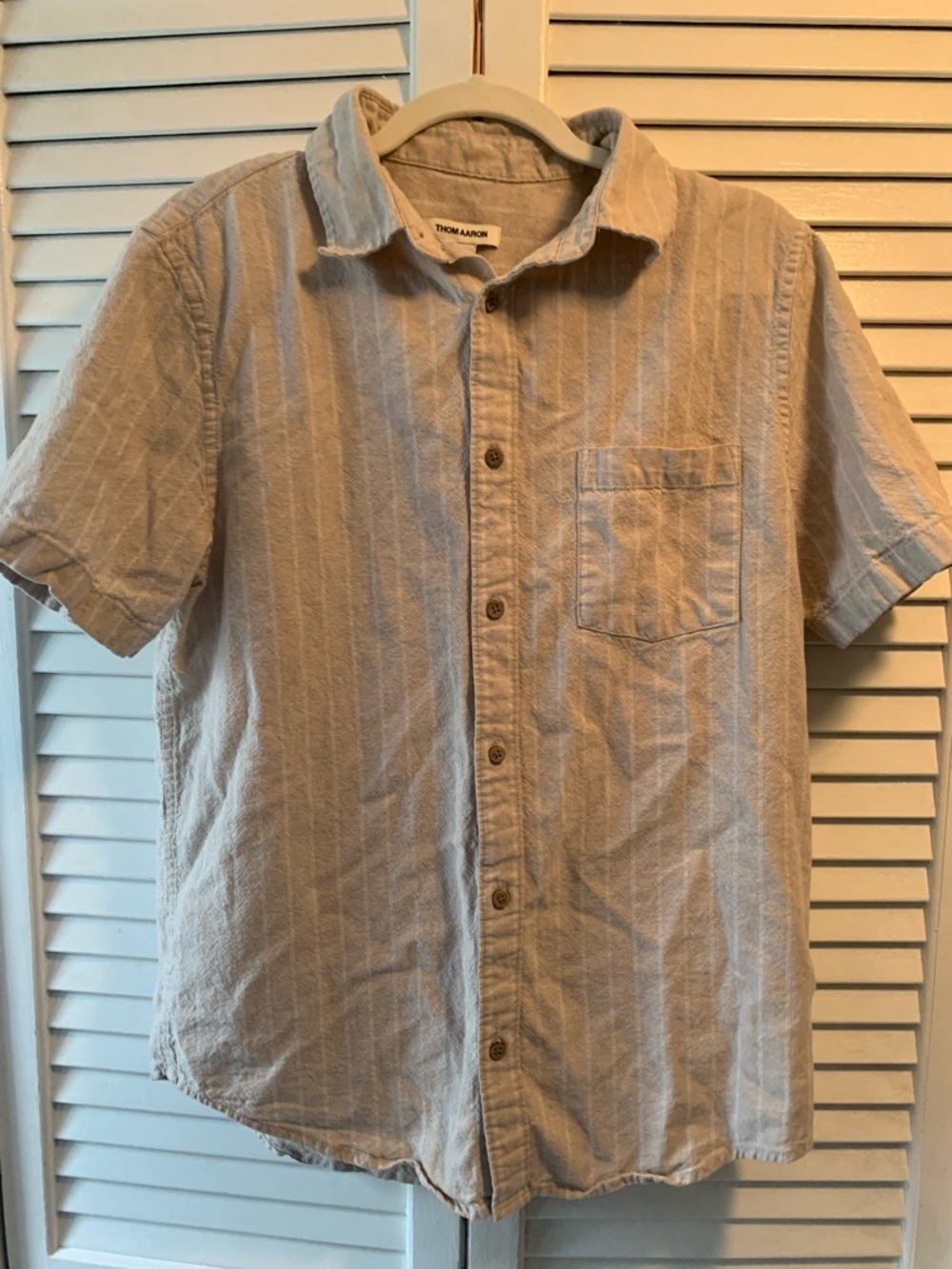 Thom Aaron Linen Blend Short Sleeve Button Down Shirt Beige Stripe Size M